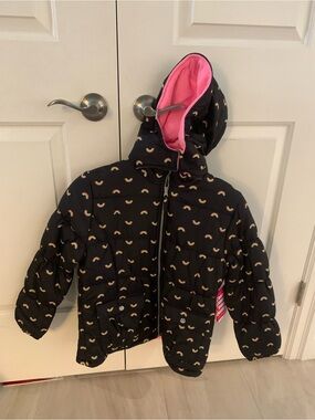 NEW Pink Platinum Black Puffer Jacket with Pink Hood Lining and Rainbow Print